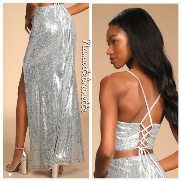 Nwt Lulu's Spotlights Shining Silver Sequin Two-Piece Maxi Dress - Picture 5 of 14